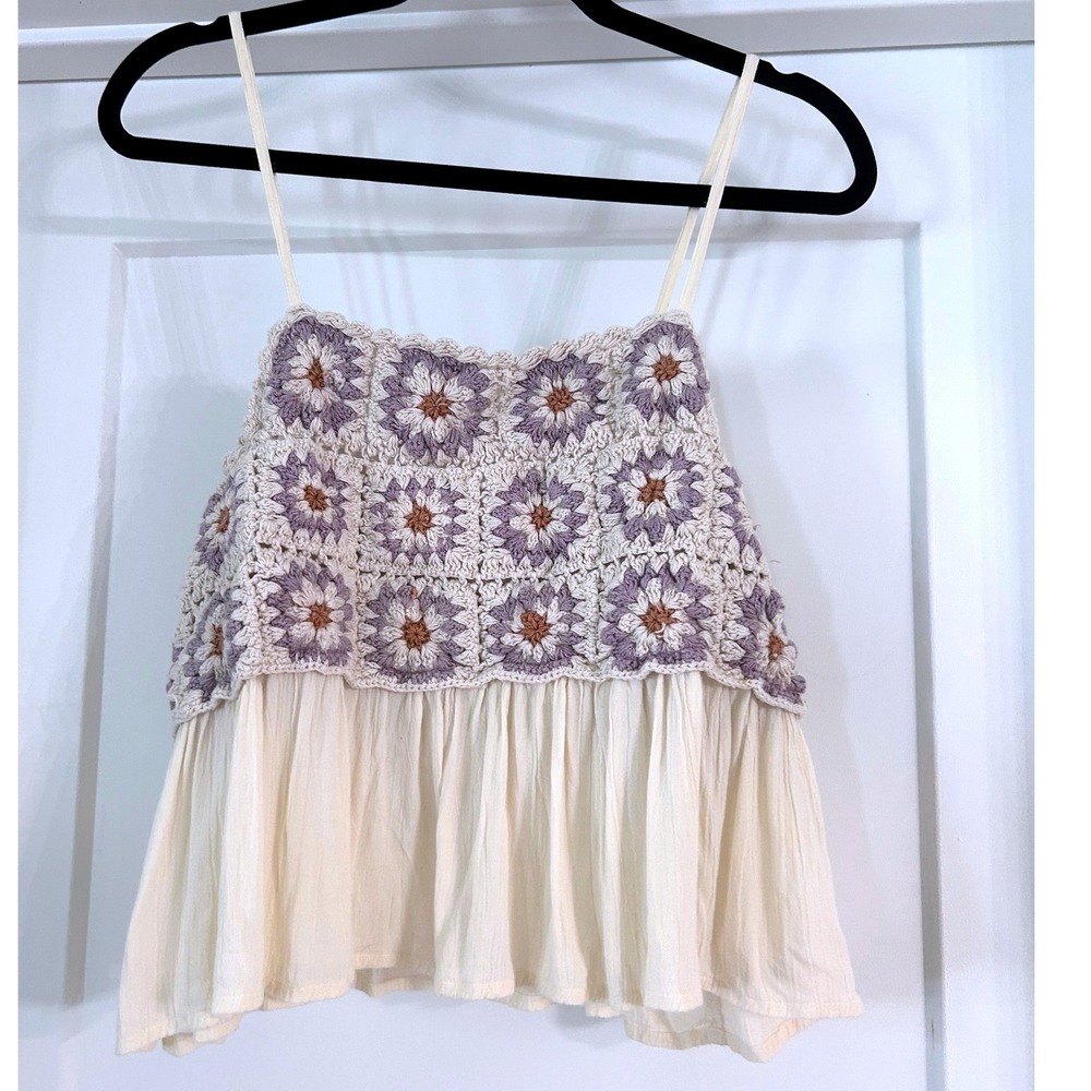 Lucky Brand Crochet Floral Granny Square Peplum Camisole Top Cream Purple Large